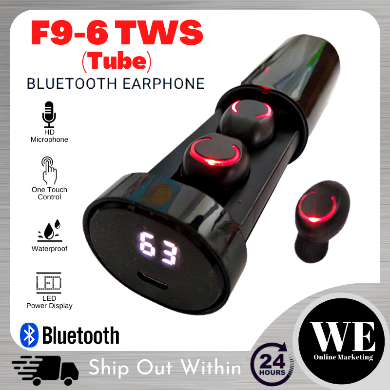 (Ready Stock) F9-6 TWS Bluetooth Earphone - Tube Cylinder LED Display Twin Wireless Stereo Earbud Earfon Handsfree Headset Earpiece Touch Sensor Control Hifi Sport Super Bass with Mic Waterproof Water Resistant In-Ear Android