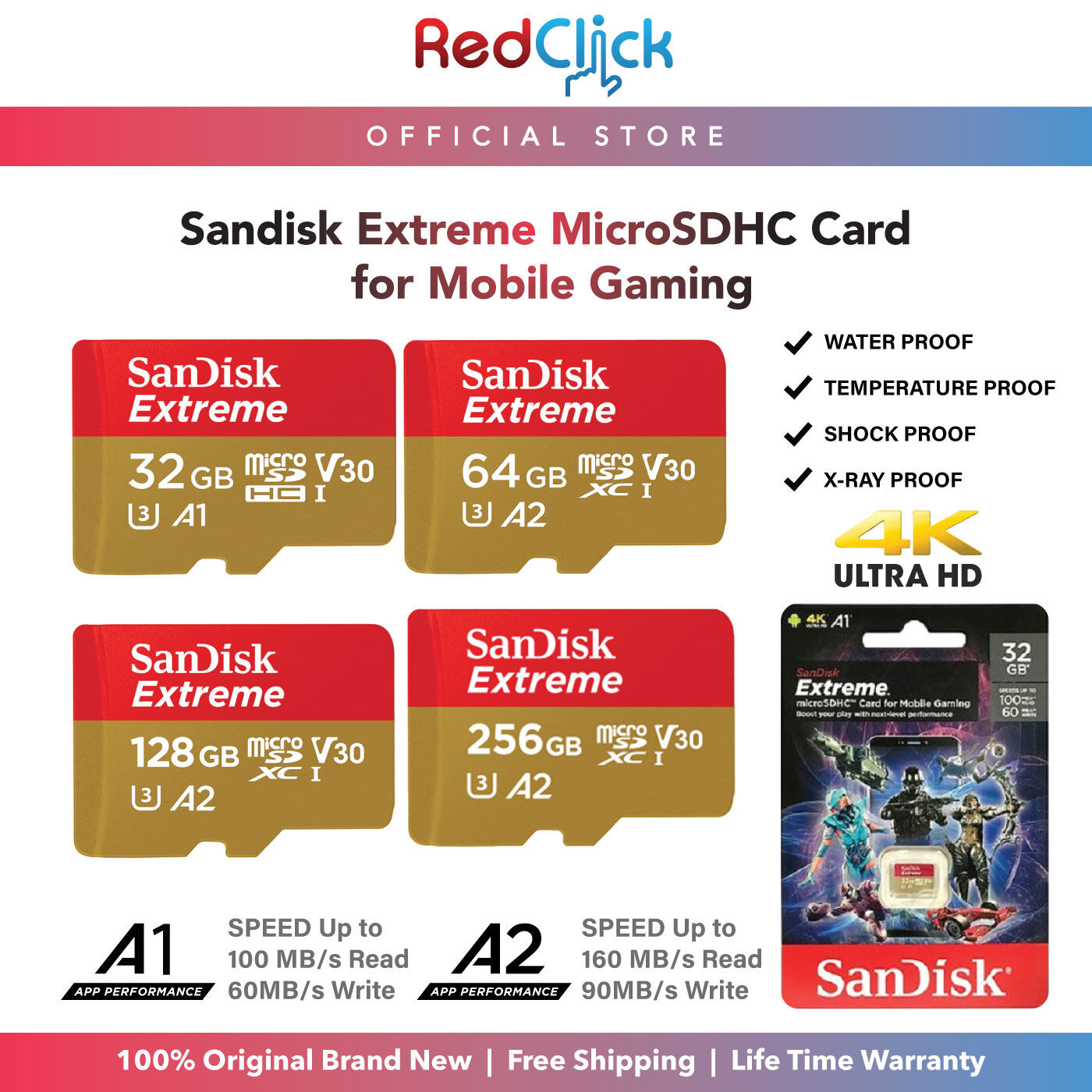 Sandisk Extreme 32GB/64GB/128GB/256GB 100mb/s - 160mb/s 4K Ultra HD A2 Class 10 MicroSDXC UHS-I U3 Memory Card Suitable for Mobile Gaming