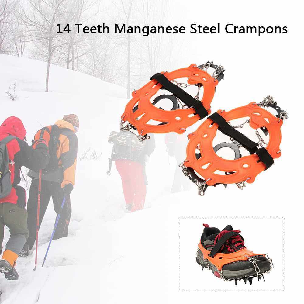 14 Teeth Manganese Steel Crampons Nylon Strap Non-slip Shoes Cover Outdoor Ski Ice Snow Device Hiking (orange)