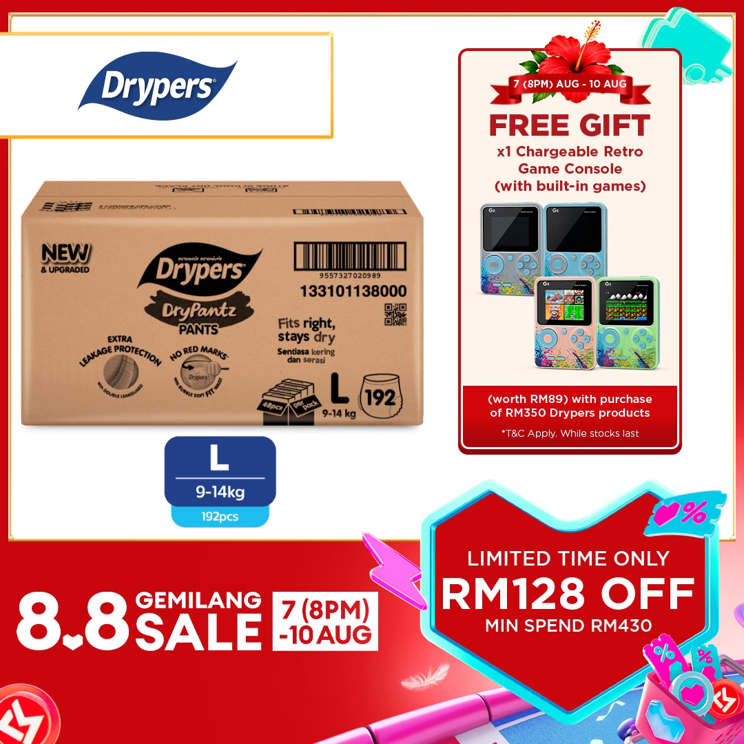 [UPGRADED] Drypers DryPantz Baby Diapers M58/ L48/ XL42/ XXL36 (4 Packs) - Bubble Soft Fit Waist Baby Pants