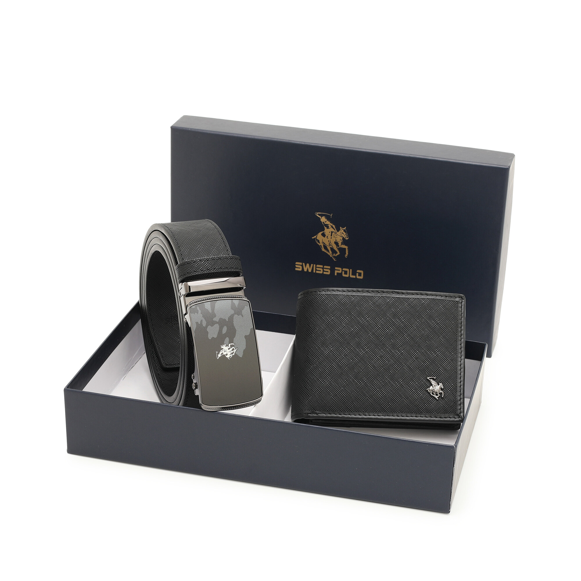 SWISS POLO Gift Set/ Box RFID Bifold Wallet With Belt SGS 560-2 BLACK