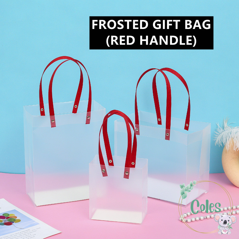 Frosted PP Tote Bag PVC Gift Bag Doorgift Bag Goodies Bag Wedding (Red Handle) Flower Bag Cake Bag Goodies Bag Kahwin Kotak Telur Bag (1pc)