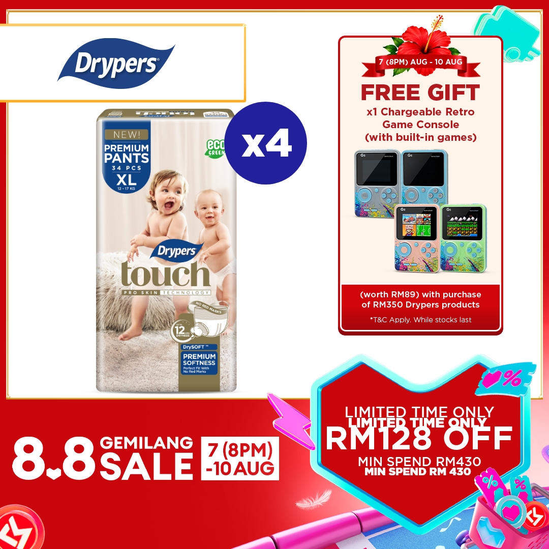 Drypers Touch Pants Baby Pants Diapers M44/ L38/ XL34/ XXL 30 (4 Packs) - Super Soft & 12hr Dryness