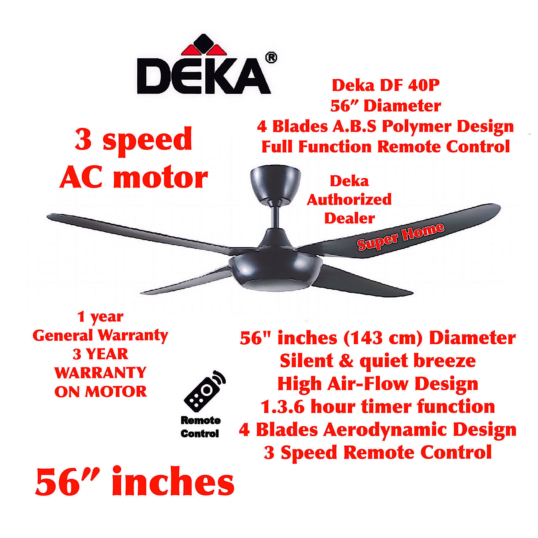 Deka DF40P (Black) 56 inch 4 Blades A.B.S Polymer Design Remote Control Ceiling Fan - 3 Speed - Black