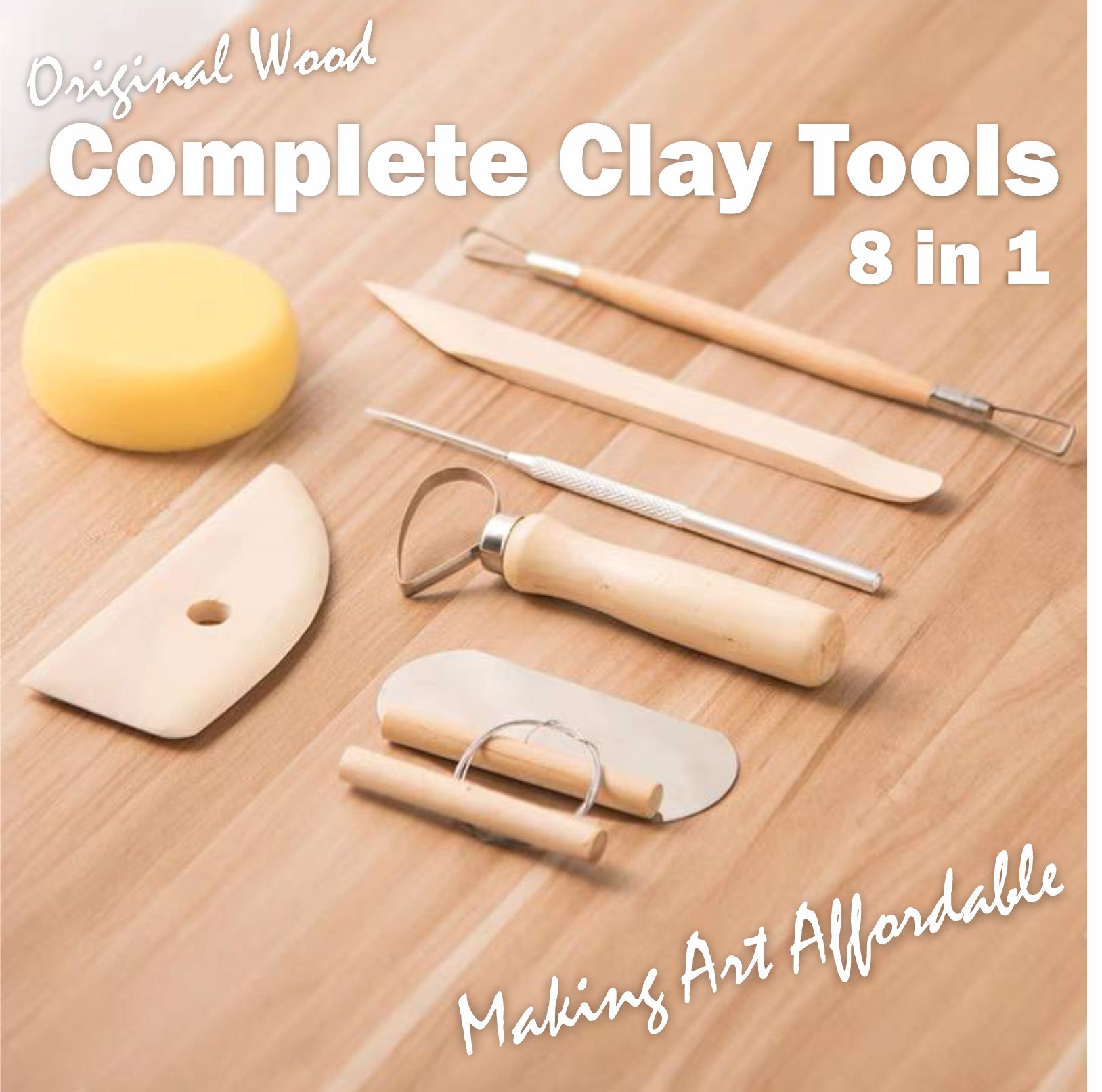 VC Art 8 in 1 Pottery Tool Kit Clay Tools Professional Artist Bahan Tanah Liat Wooden Tools Art Craft Supplies Mold Modeling