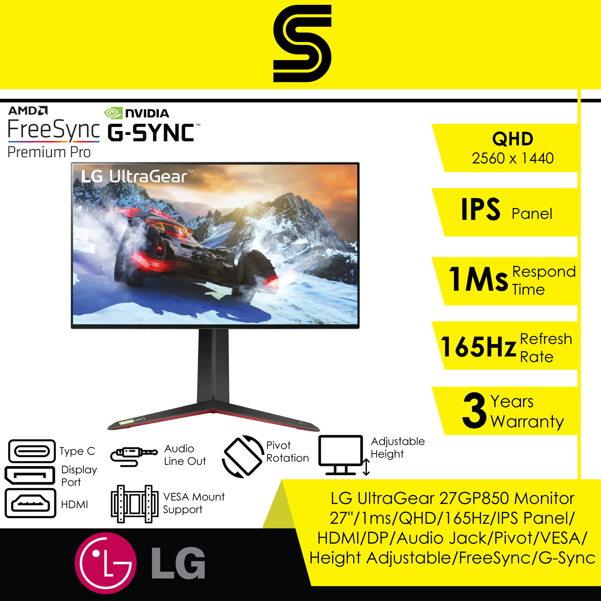 LG UltraGear 27GP850 27" QHD Monitor - 1ms/QHD 2560x1440/165Hz/IPS Panel/HDMI/DP/Audio Out/G-Sync Compatible/AMD FreeSync Premium/Pivot Rotation/Height Adjustable
