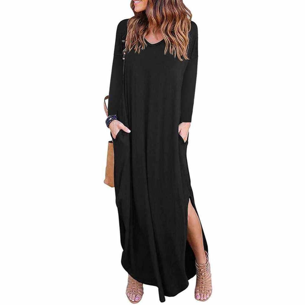 Women Casual Oversized Long Dress V Neck Long Sleeves Slit Side Solid Loose Vestidos Robe (Bl)