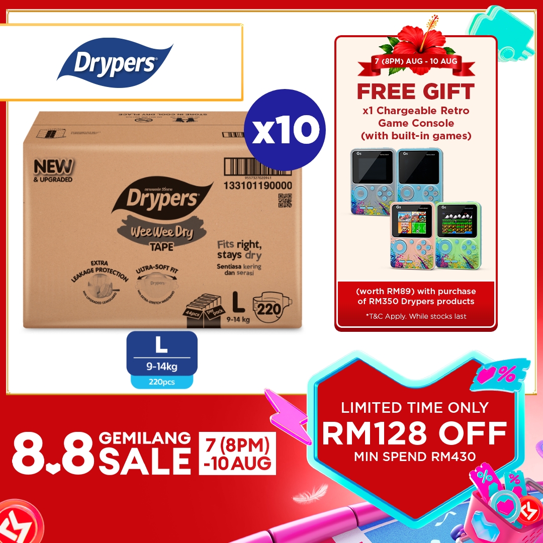 [NEW & UPGRADED] Drypers Wee Wee Dry Baby Tape Diapers M52/ L44/ XL36/ XXL32s (10 Packs) - Super Dry Soft & Fit