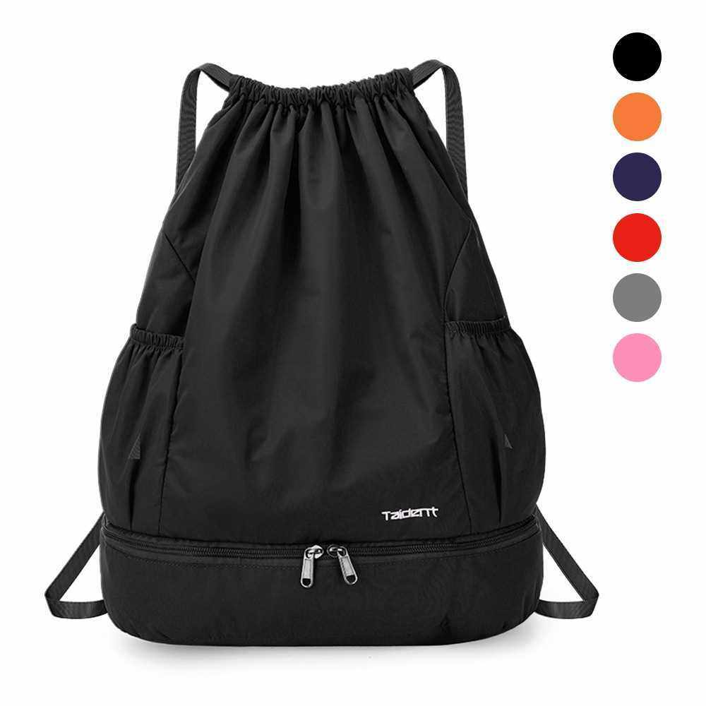 Foldable Drawstring Backpack Sports Gym Bag with Wet and Dry Compartments for Swimming Beach Camping (Black)