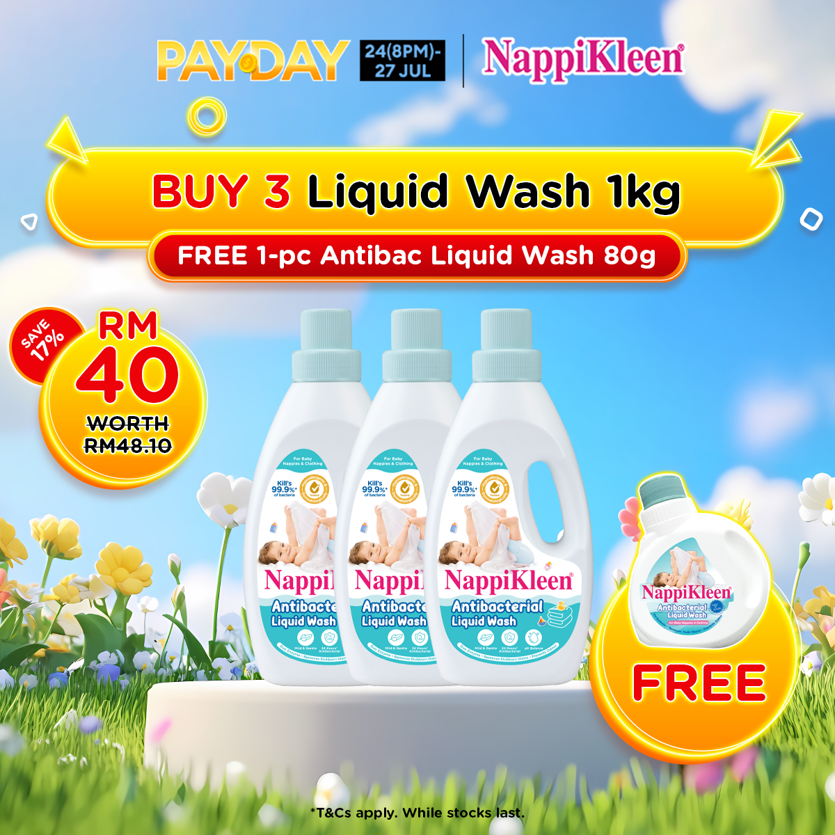 [Payday Exclusive] Nappikleen Anti-Bacterial Liquid Wash 1KG x3 + Nappikleen Antibacterial Liquid Wash 80g