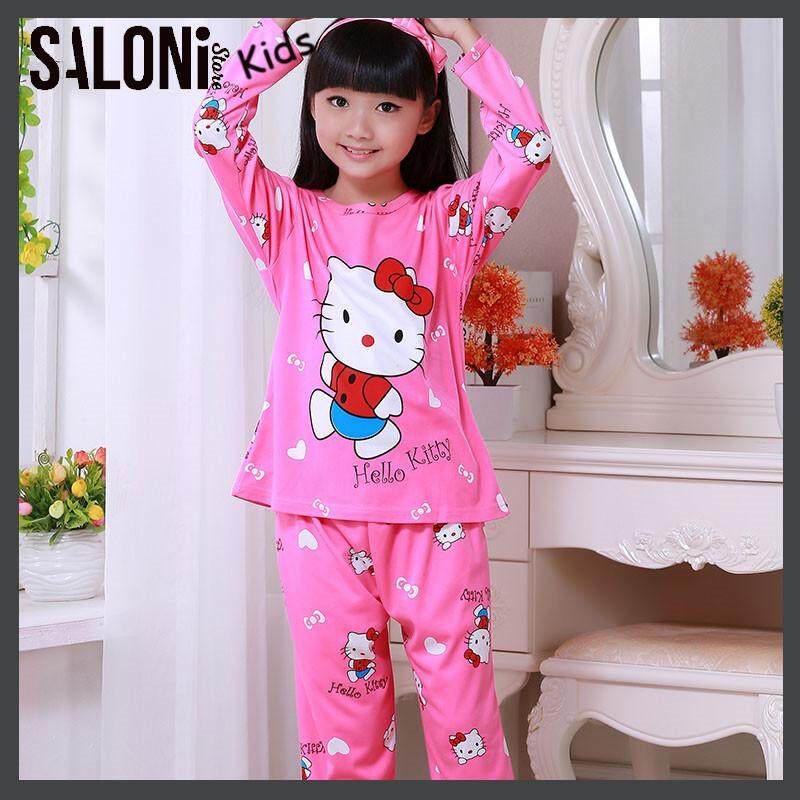 【SALONI KIDS SERIES】 SALONI 832-8 HELLO KITTY Cartoon Kids cotton Pyjamas Sleepwear Boys Girls Homewear Suits Round Collar long sleeve shirt + long sleeve pant (1yrs - 12yrs)