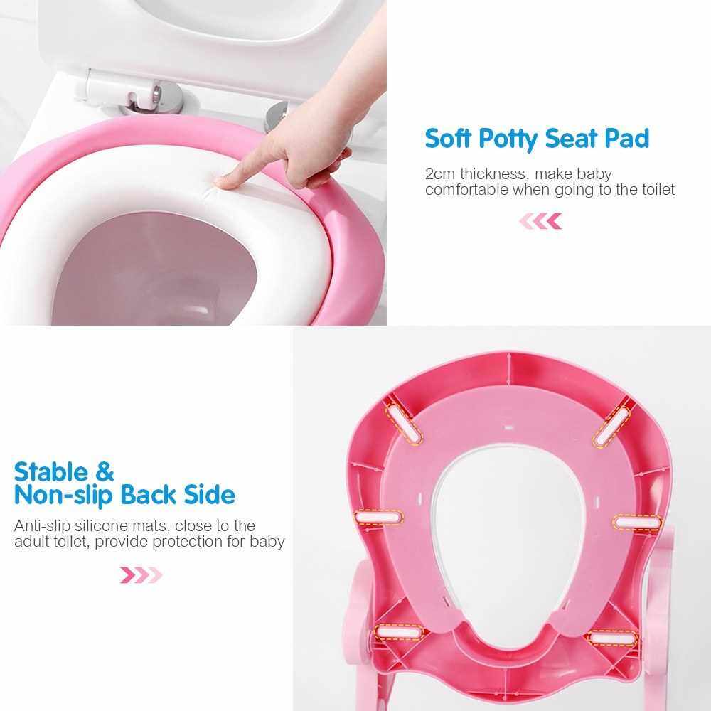 Potty Training Seat with Ladder Step Cartoon Deer Shape Non-slip Ladder Adjustable Height Double Handles Soft Potty Seat Pad Toddlers Toilet Seat Step for Boys Girls (Pink)