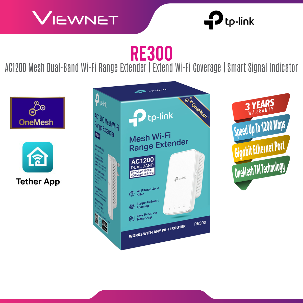 TP-Link RE300 AC1200( 2.4Ghz+5Ghz ) OneMesh Dual Bnad Wireless Wifi Range Extender /Booster / Repeater RE300