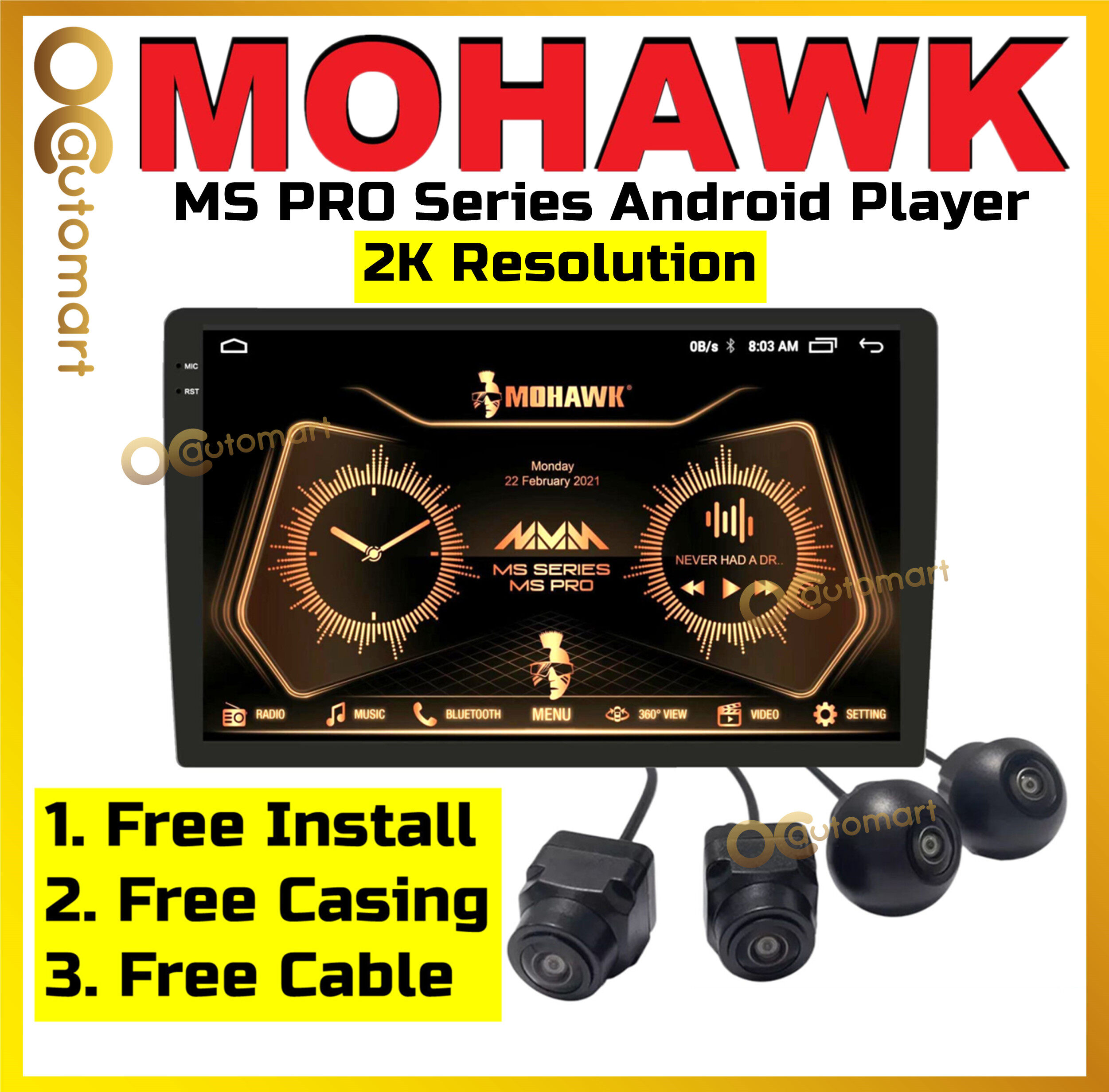 (Free 360 Camera) Mohawk MS PRO Series 2K Resolution Car Android player With 3D 360 Reverse Camera 3D View Camera
