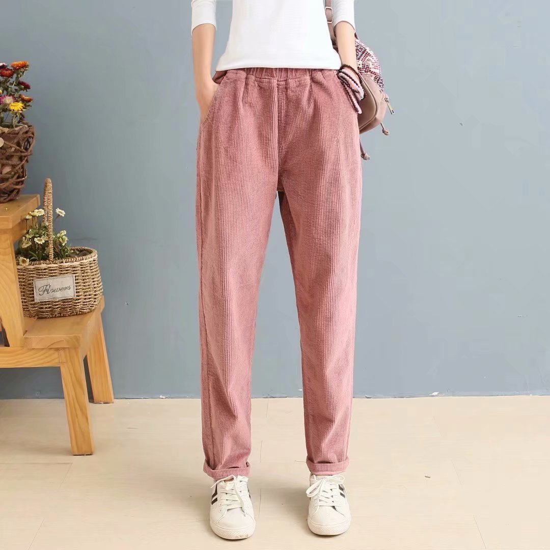[AA Pink Bubble]2023 Autumn and Winter Clothing Japanese Style Artistic Style Pure Color Elastic Waist Slimming Corduroy Casual Pants Women's Long Pants