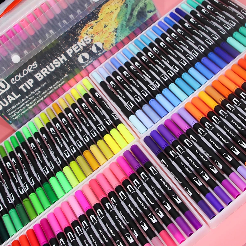 Dual Tip Brush Pen Set 12/24/36/48/72/100/120 Colors Dual Brush Pen Sketch Manga Magic Colour Pen Set Drawing Dual Head Watercolor Marker Pen For Draw Animation Coloring Books Design Art Supplies