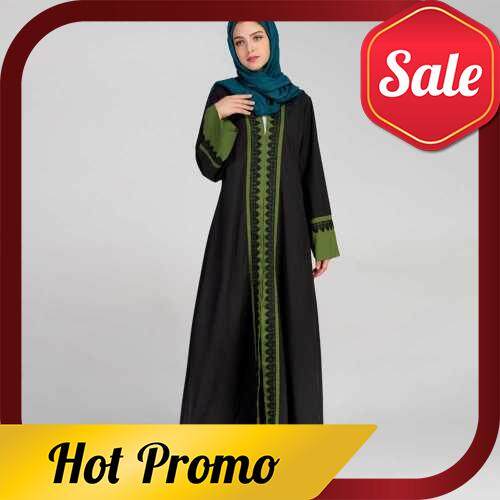 New Women Muslim Maxi Dress Contrast Color Lace Pitches Long Sleeve Abaya Kaftan Islamic Indonesia Robe Long Dress Pink/Dark Green (Dark Green)