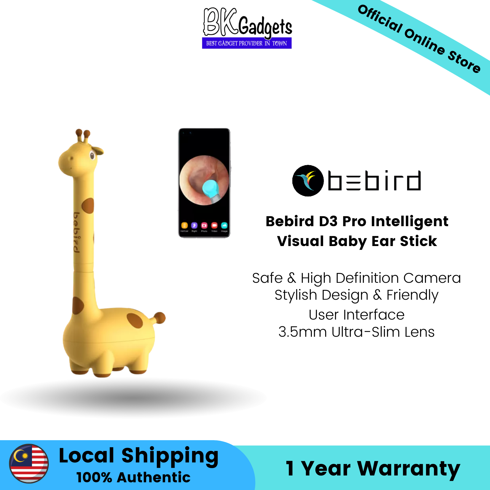 Bebird D3 Pro Intelligent Visual Baby Ear Stick - Safe & High Definition Camera | Stylish Design | 3.5mm Ultra-Slim Lens