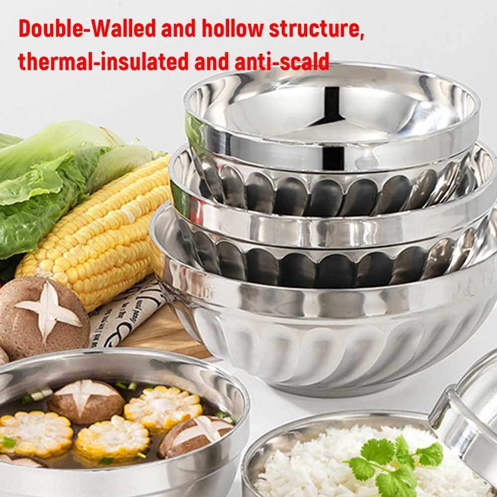 Stainless Steel Bowl Anti-Scald Double-Walled Thermal Insulation Bowl Non-Slip Soup Bowl Cereal Bowls Anti-Breakage (Silver)