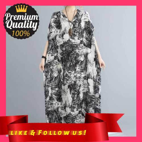 People's Choice Women Loose Maxi Dress Vintage Printed V Neck Holiday Boho Beach Dress Oversized Robes (Dark Gray)