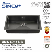 Sinor UMS-8045-NB SUS304 Stainless Steel Honeycomb Black Single Bowl Kitchen Sink Sinki Dapur 不锈钢纳米黑色厨房水槽