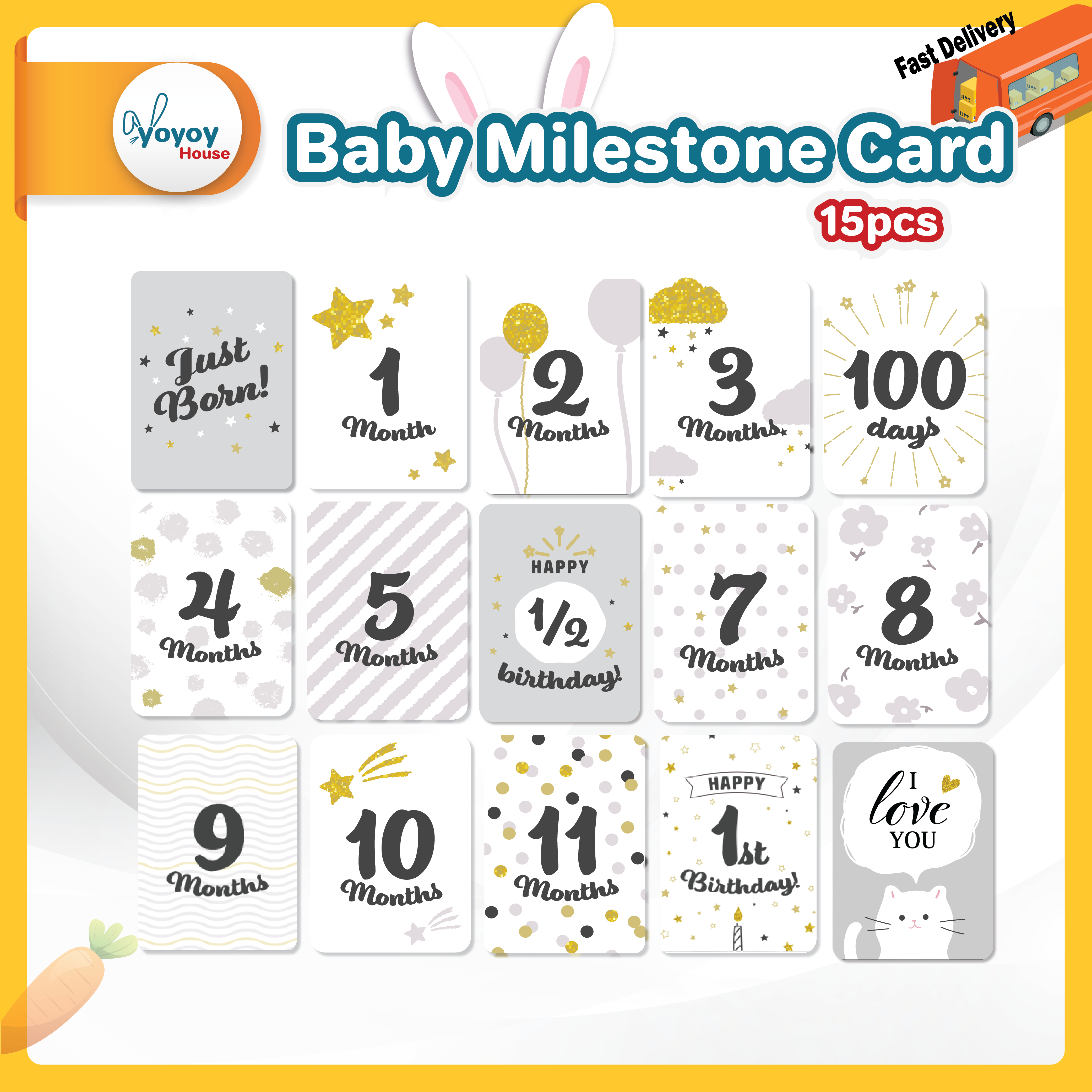 YOYOY 15pcs Baby Monthly Milestone Photo Cards Memory Baby Monthly Growth Anniversary Selfie Card yoyoy house