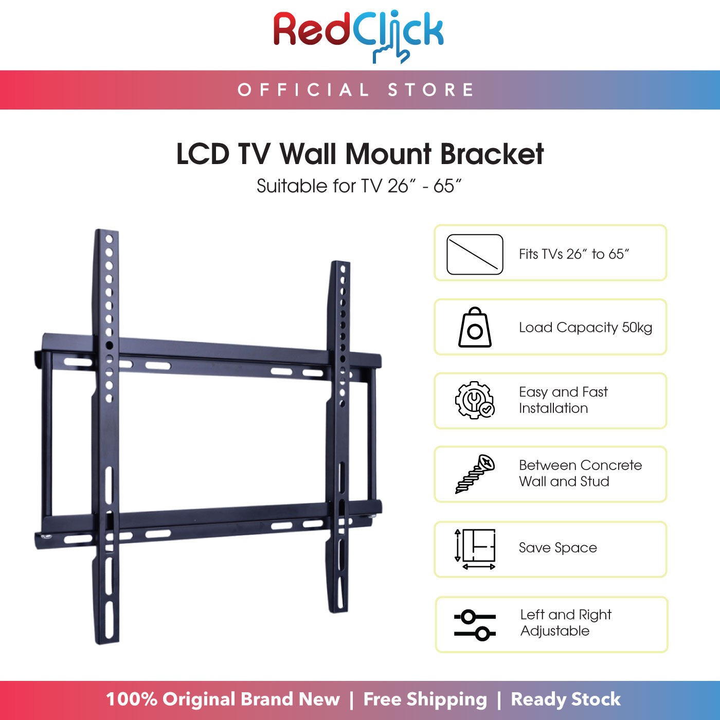 TV Wall Mount Bracket LED/ LCD/ PDP Flat TV Wall Mount Left and Right Adjustable Easy and Fast Installation Suitable TVs 26" to 65"