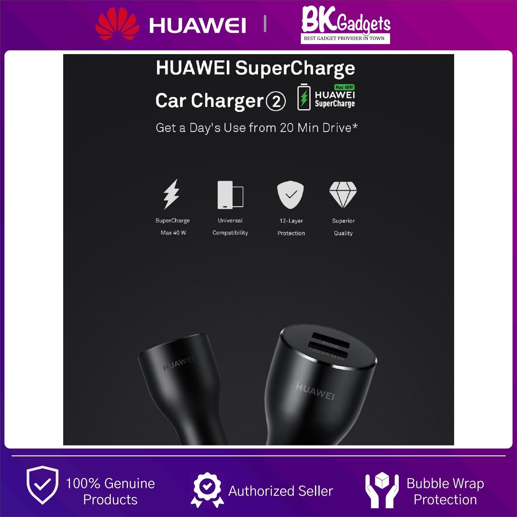 HUAWEI SuperCharge Car Charger 2 [ CP37 ] - Max 40W | Universal Compatibility | Dual-Port