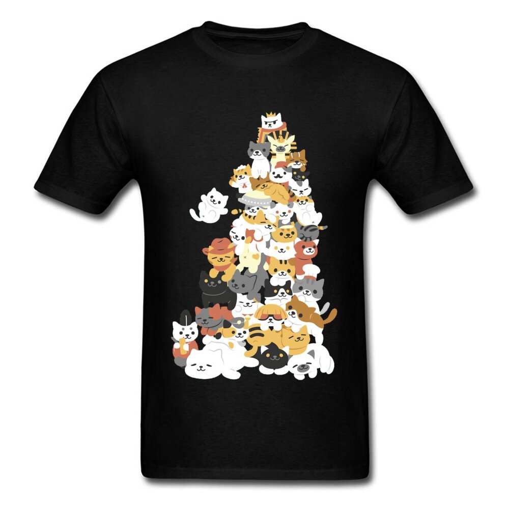 Cat Pile Christmas Trees Kawaii Design T Shirt Round Neck 3D Print  Short Sleeve Men Cotton Europe Tops & s