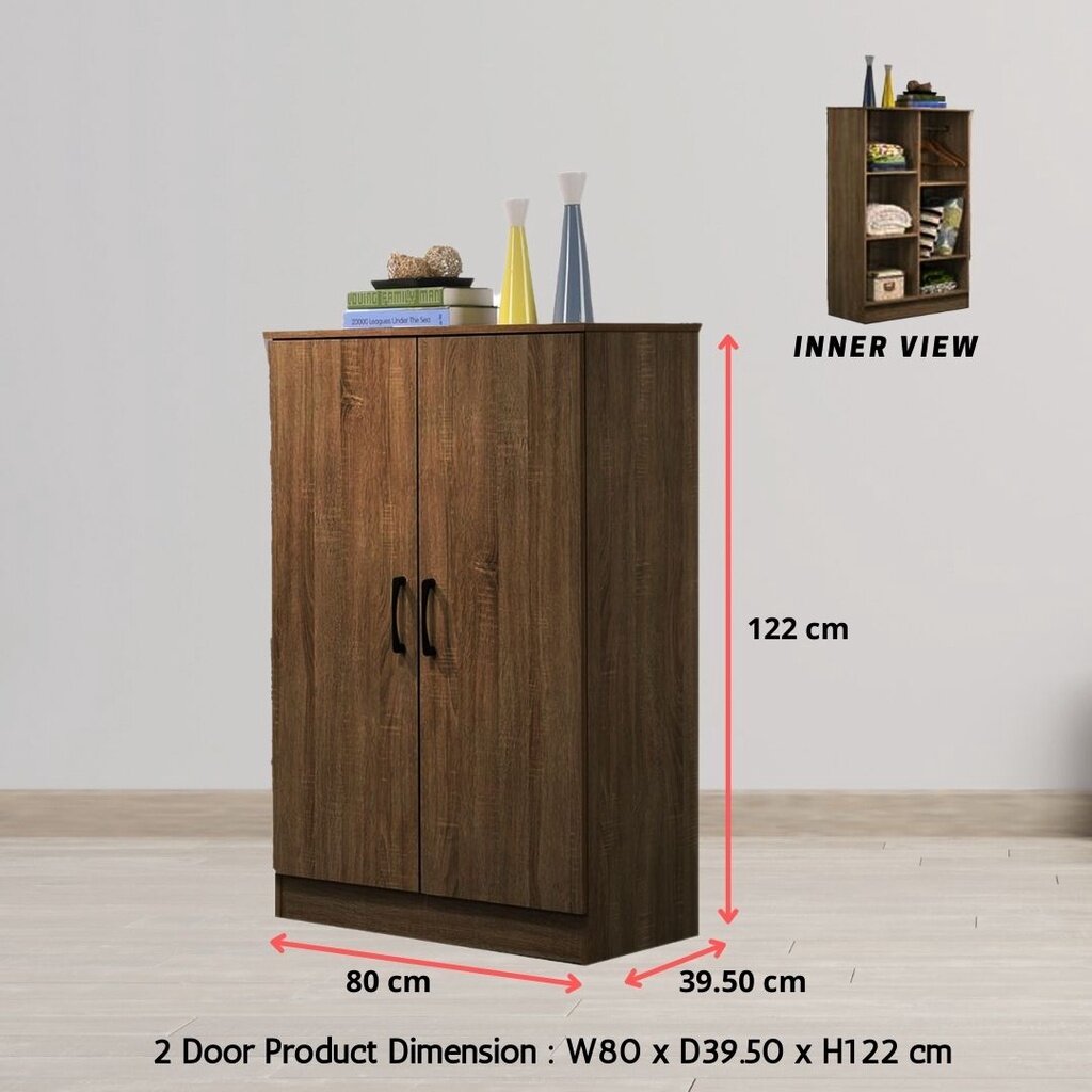 ROAM ENTERPRISE 2 door Wooden wardrobe Kayu almari baju kabinet 2 pintu rak baju cupboard Storage Cabinet 6 Tier Dark Brown Color