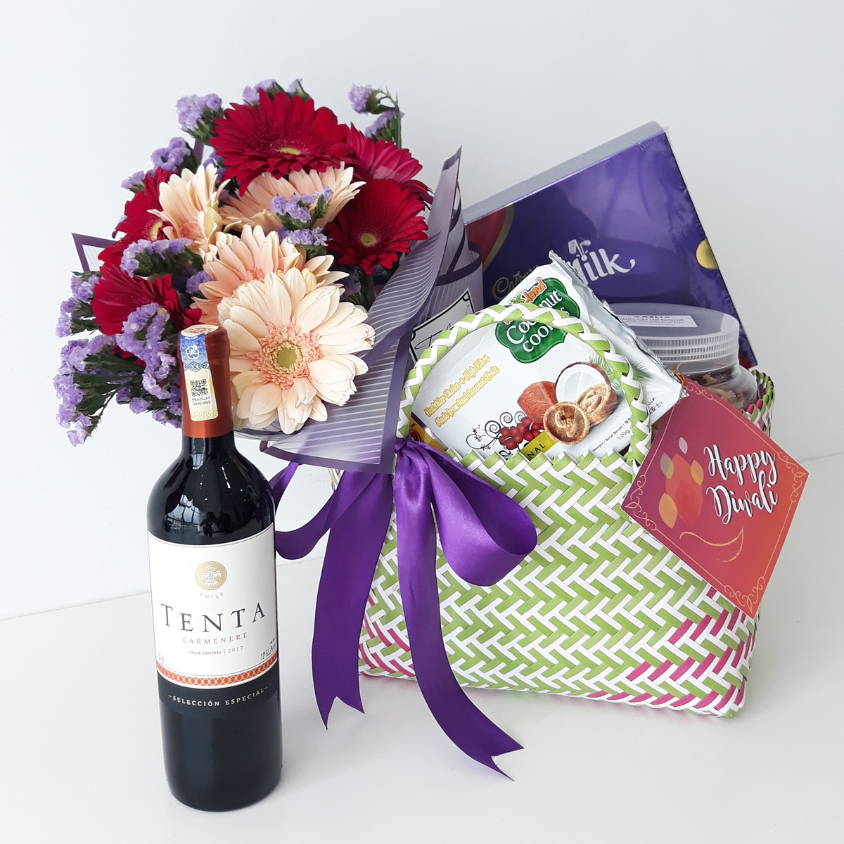 Deepavali Gift Set B - Yellow Basket Flower Bunch Red Wine Rempeyek Crackers Coconut Biscuit & Chocolate