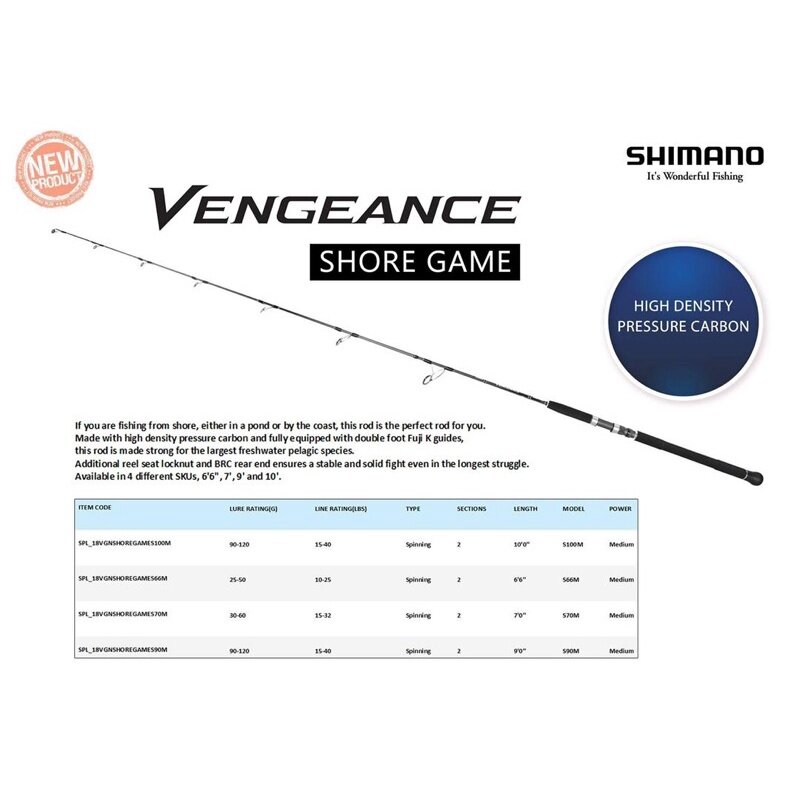 PESCA- SHIMANO Vengeance Shore Game Spinning Rod 6'6 / 7'0 Feet +1 Year Local Warranty Shimano Fishing Rod Joran Mancing