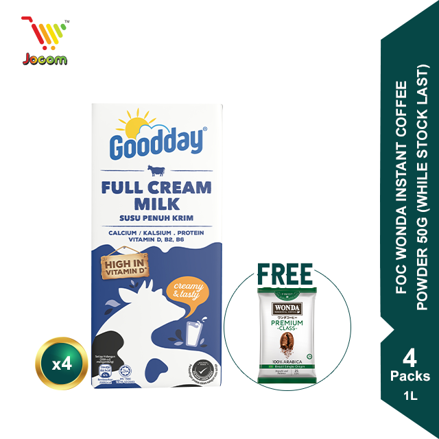 Goodday UHT Full Cream Milk (4 x 1L) FREE Wonda Instant Coffee Powder 50g [KL & Selangor Delivery Only]