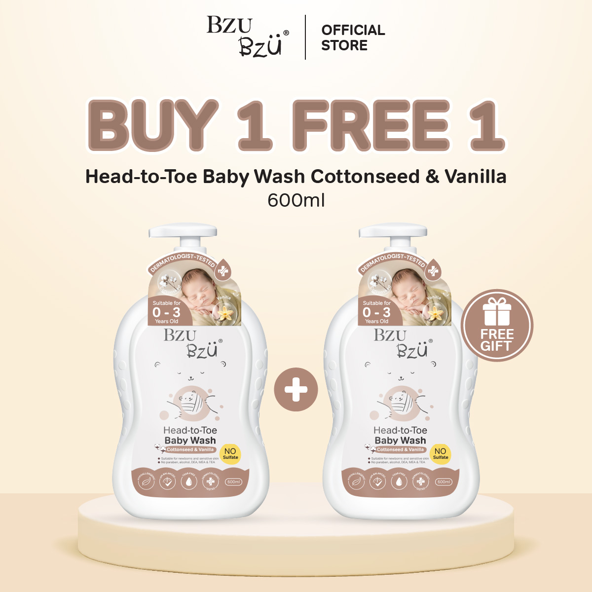 [Buy 1 Free 1] BZU BZU Head-to-Toe Baby Wash Cottonseed & Vanilla (600ml)