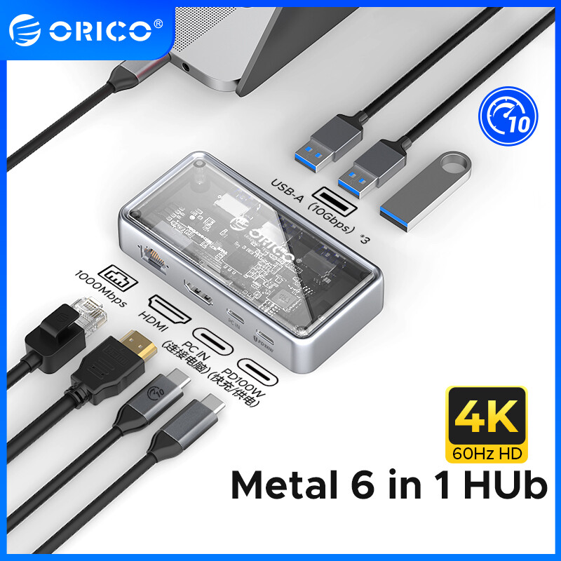 Orico trong suốt loại c 6 trong 1 trạm nối usb c hub với 4k hdmi 100w pd usb 3.0 rj45 1000m sd/tf cho máy tính xách tay