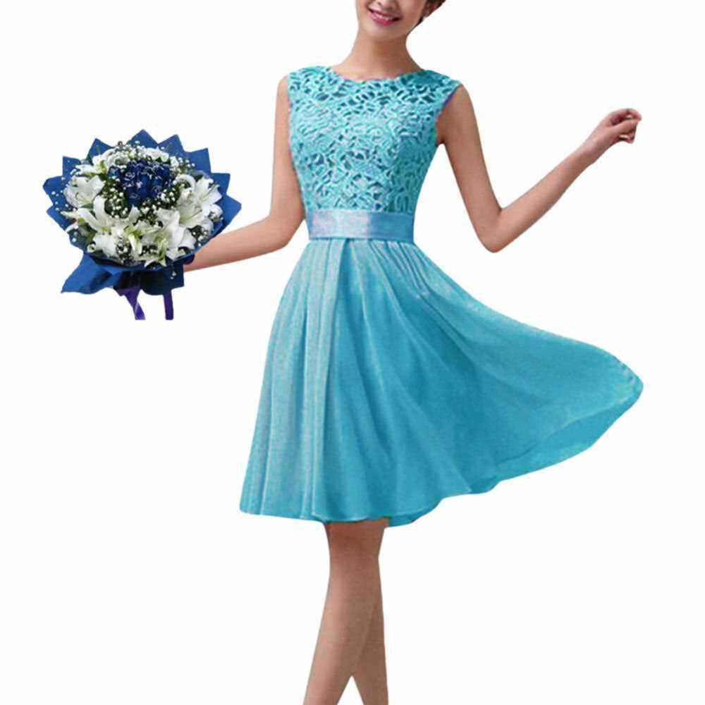 New Fashion Women Chiffon Lace Dress Sleeveless O Neck Solid Color Elegant Princess Party Dress (Blue)