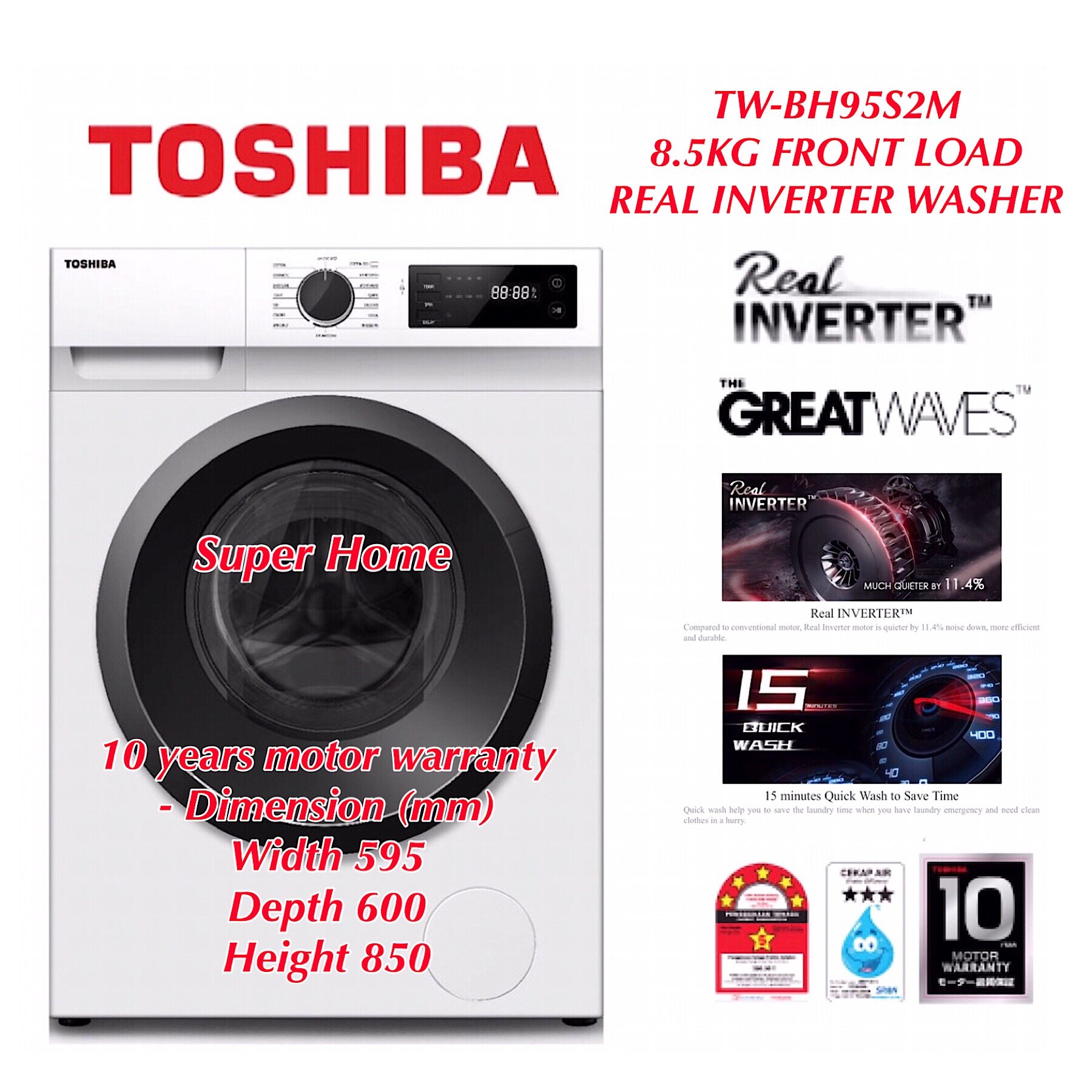 Toshiba Washing Machine TWBH95S2M The Great Waves 8.5kg Front Load