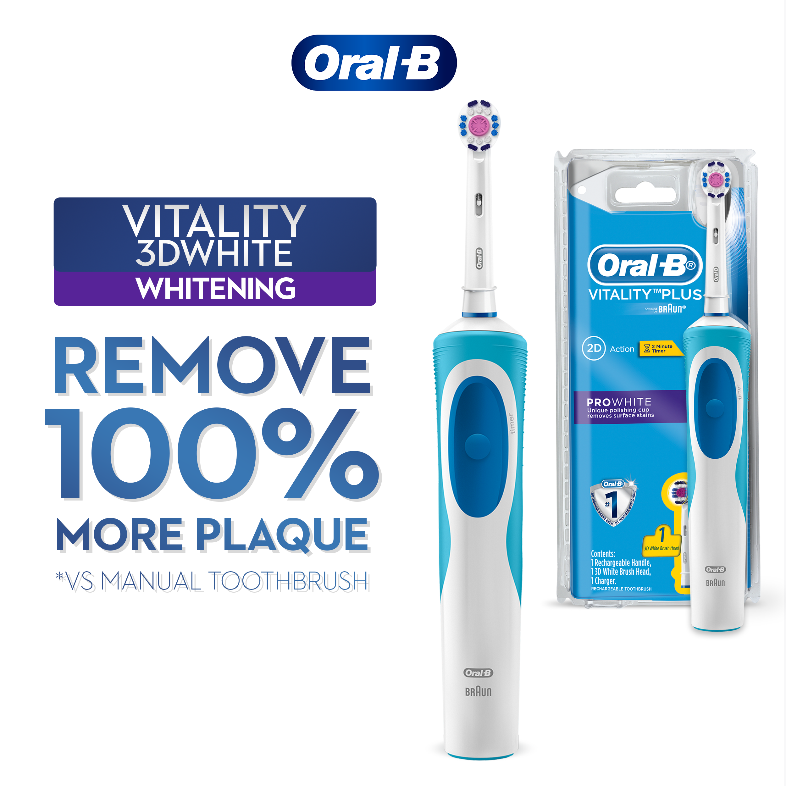 Oral-B Vitality Plus Prowhite Rechargeable Electric Toothbrush Powered By Braun