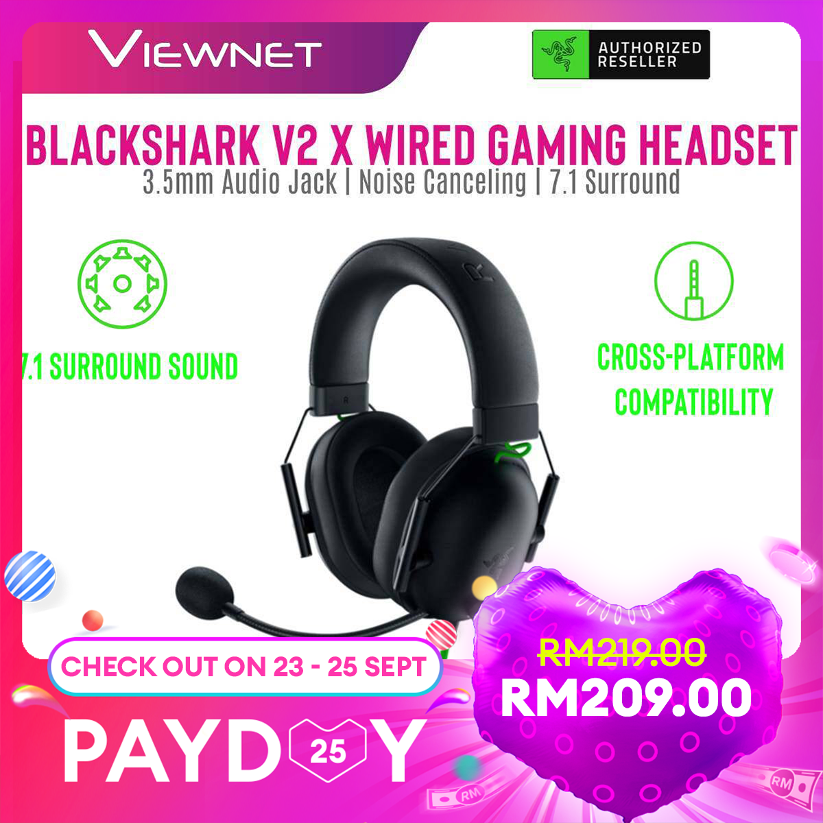 Razer Wired Gaming Headset BlackShark V2 X with 3.5mm Jack7.1 Surround Sound Passive Noise Cancellation Hyperclear Cardioid Mic Lightweight Comfort Design (RZ04-03240100-R3M1) / (RZ04-03240700-R3M1)/ (RZ04-03240600-R3M1)