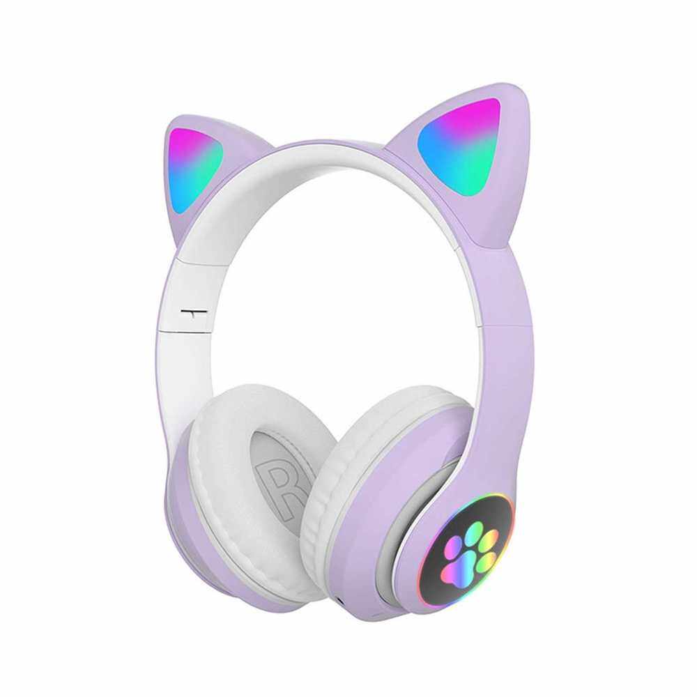 STN-28 Over Ear Music Headset Glowing Cat Ear Headphones Foldable Wireless BT5.0 Earphone with Mic AUX IN TF Card MP3 Player Colorful LED Lights for PC Laptop Computer Mobile Phone (Purple)