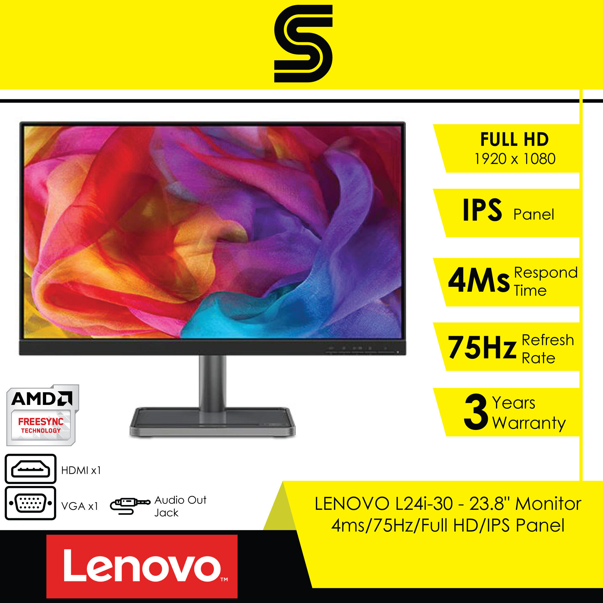 LENOVO L24i-30 - 23.8" Monitor - 4ms/75Hz/Full HD/IPS Panel