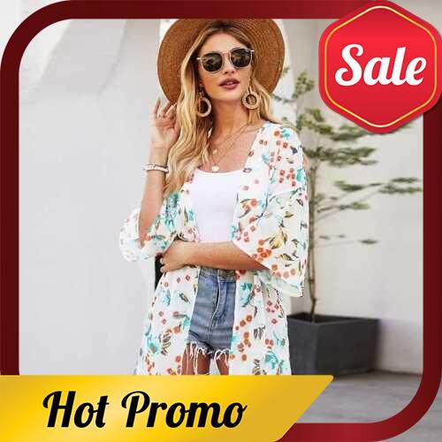 Fashion Women Floral Print Cardigan Half Sleeve Open Front Beachwear Loose Casual Blouse Kimono Top (White)