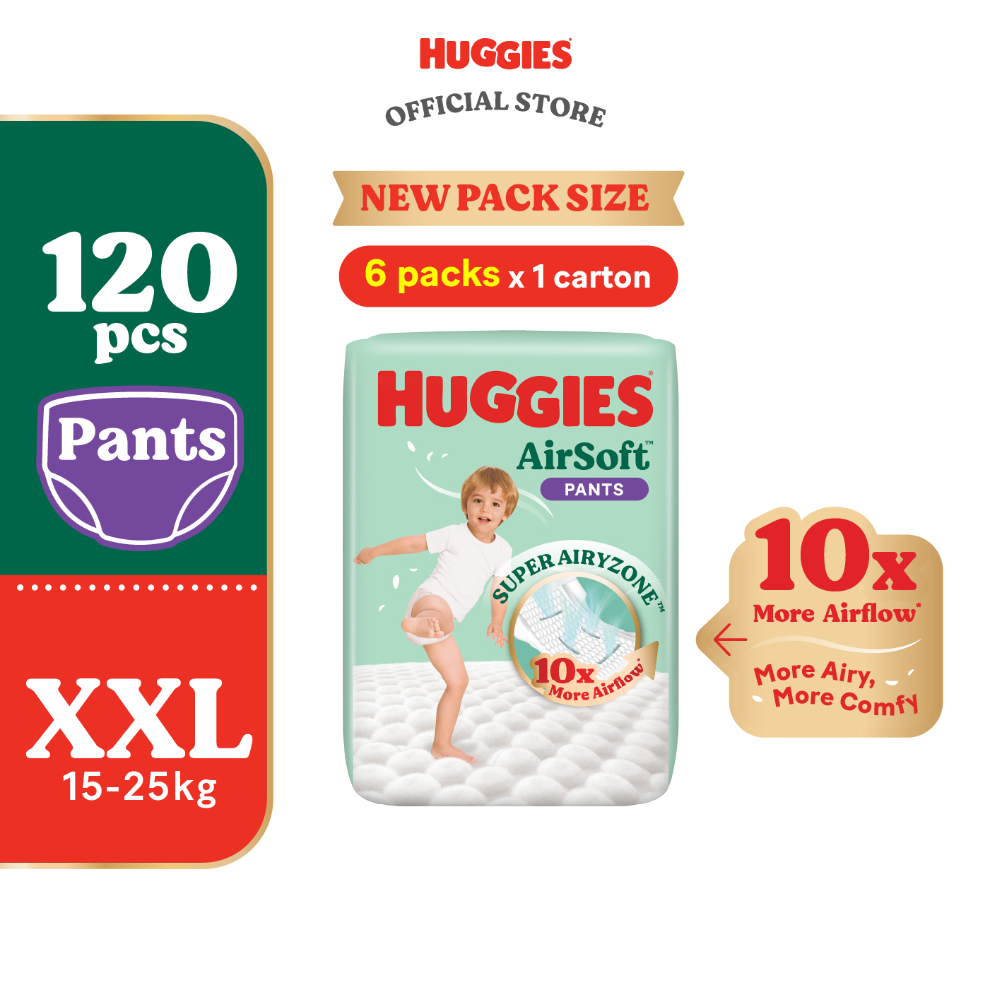 Huggies AirSoft Pants Diapers M38 / L30 / XL26 / XXL20 (6 packs) - Breathable and Soft Premium Diapers for Baby