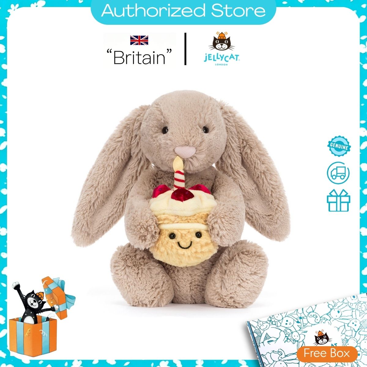 Jellycat Beige Bunny Birthday 100% Original Jellycat stuffed toy Soft and Fluffy SafeMaterial Shipped from Selangor