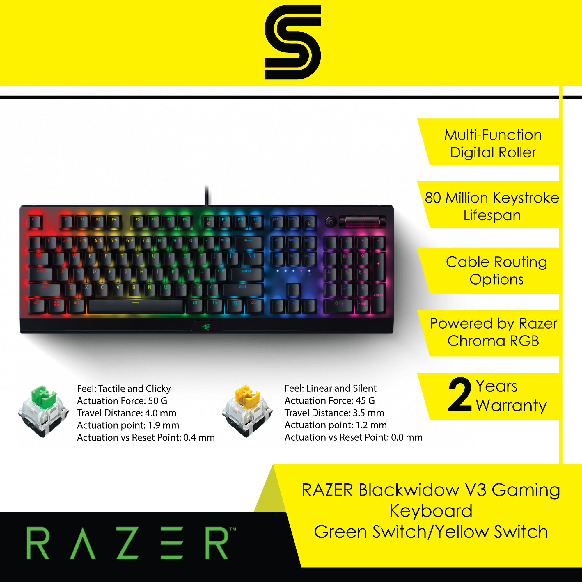 RAZER Blackwidow V3 Gaming Keyboard - Green Switch/Yellow Switch