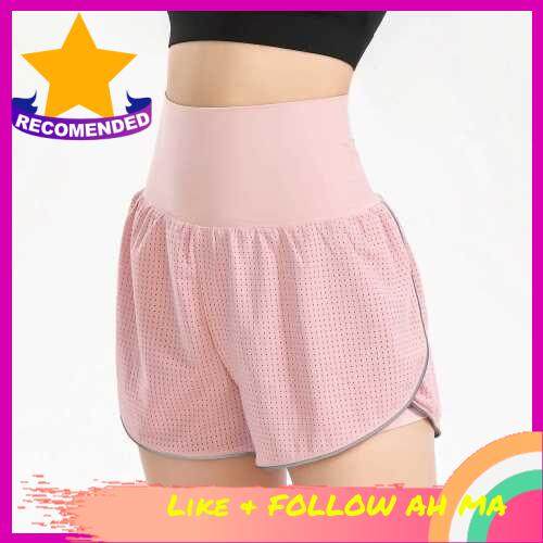 Best Selling Women 2-in-1 Yoga Shorts High Waist Wide Waistband Breathable Fabric Running Dancing Fitness Sports Shorts (Pink)