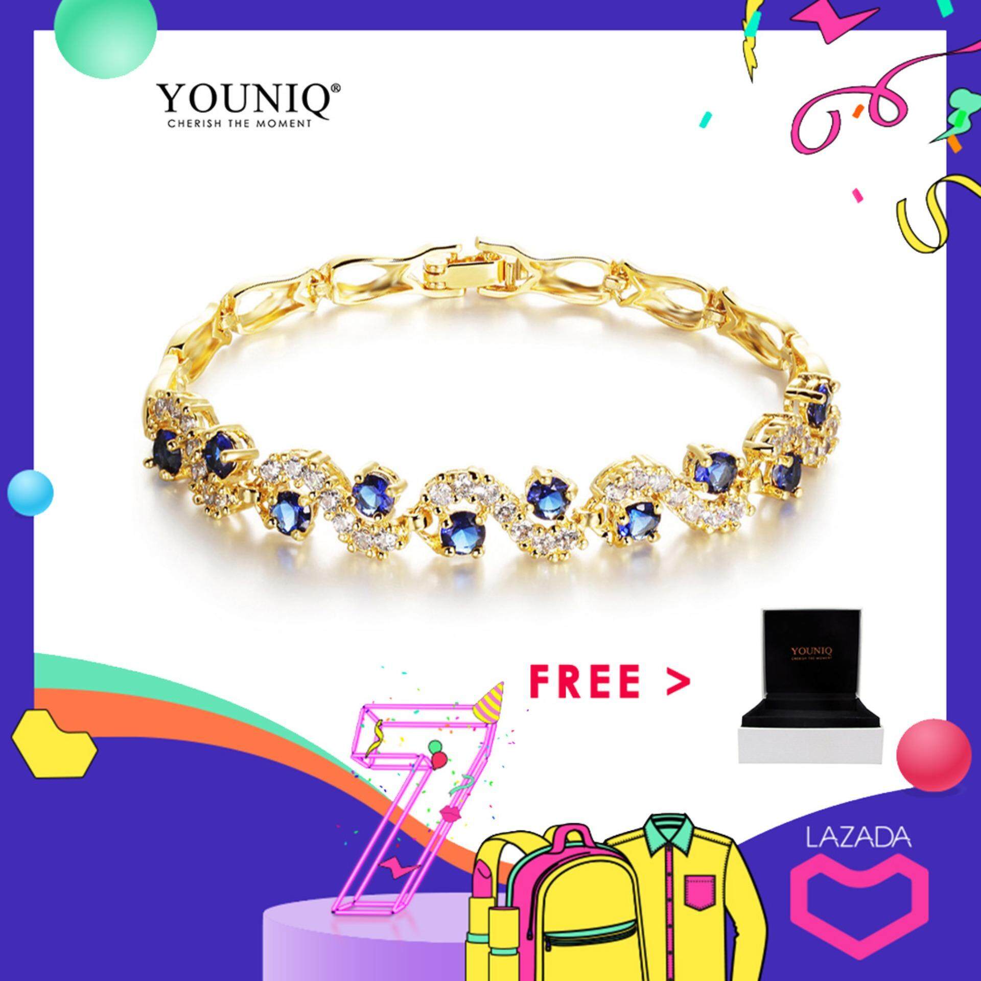 YOUNIQ Crescent 18K Gold Platinum Plated Bracelet with Blue / White Cubic Zirconia Stone