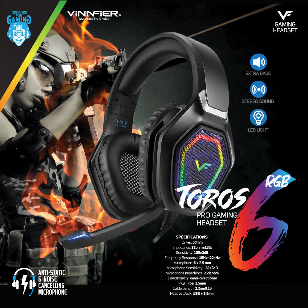 Vinnfier Toros 6 RGB Pro Gaming Headset Mic for Extra Bass Headphone E-Learning Movie Music Phone Call Live Streaming