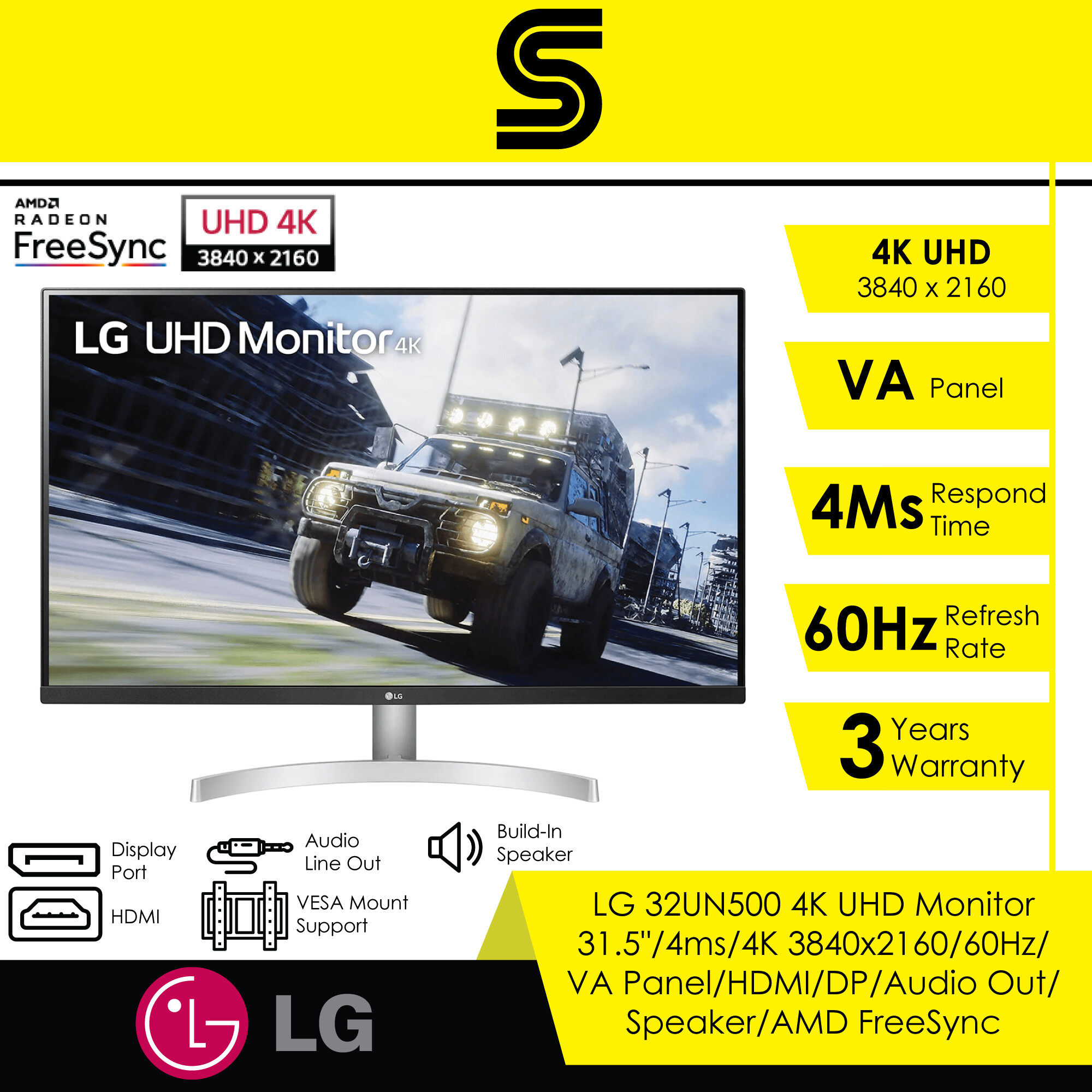 LG 32UN500 4K UHD Monitor - 31.5"/4ms/4K 3840x2160/60Hz/VA Panel/HDMI/DP/Audio Out/Speaker/AMD FreeSync