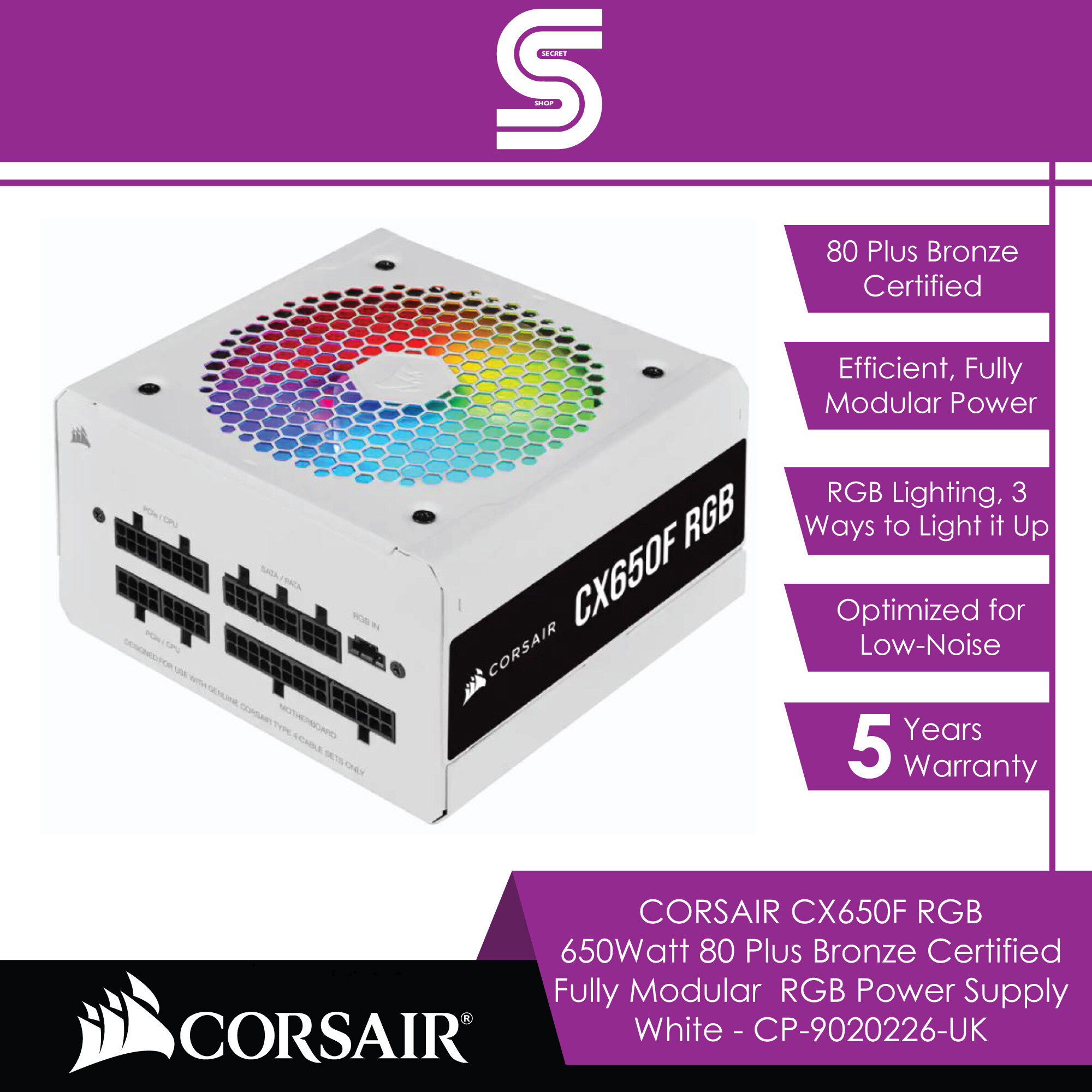 CORSAIR CX650F RGB 650Watt 80 Plus Bronze Certified Fully Modular RGB Power Supply - White - CP-9020226-UK